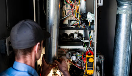 Pacific Heating and Cooling technician servicing a furnace or air handler for a diagnostic or tune-up service