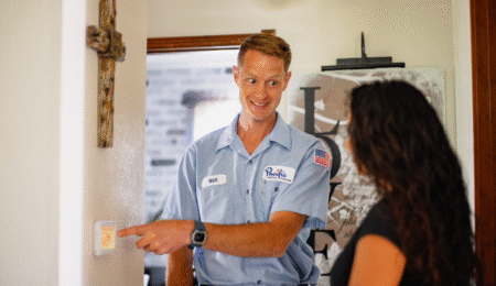 Pacific Heating and Cooling technician showing homeowner how to use the home thermostat connected to HVAC system