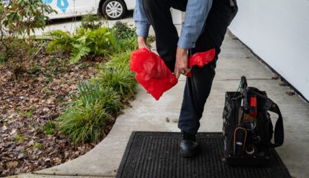 Pacific Heating and Cooling technicians wear protective shoe covers, commonly know as 
