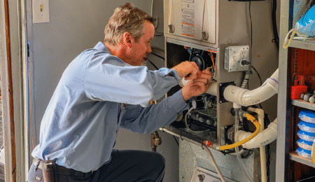 Pacific Heating and Cooling technician servicing a furnace or air handler for a diagnostic or tune-up service