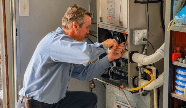 Pacific Heating and Cooling technician servicing a furnace or air handler for a diagnostic or tune-up service