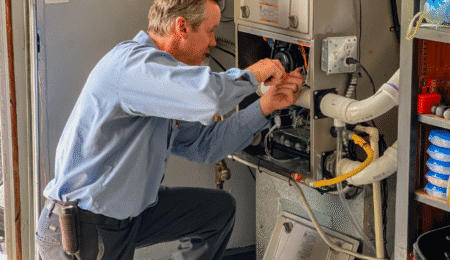 Pacific Heating and Cooling HVAC technician performing diagnostic testing on a residential furnace