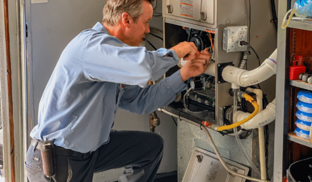 Pacific Heating and Cooling HVAC technician performing diagnostic testing on a residential furnace
