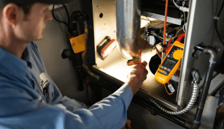 Technician performing heating maintenance in Tacoma home