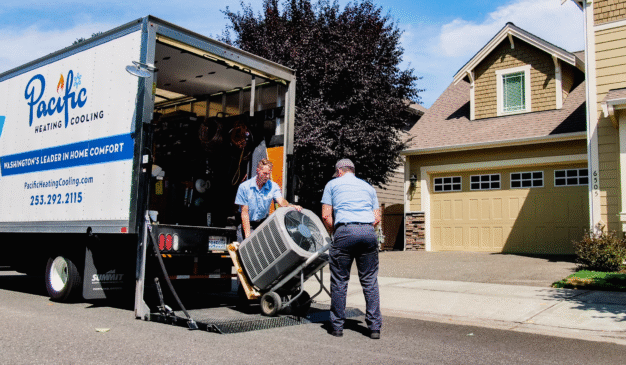 HVAC installation crew unloading new cooling equipment at a home