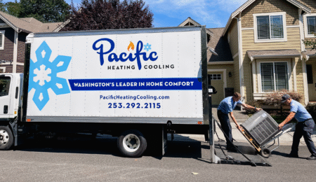 Unloading HVAC equipment. Heat Pump Installation. Cooling Upgrade. Air Conditioning Add-On, Upgraded Heat and Cool System
