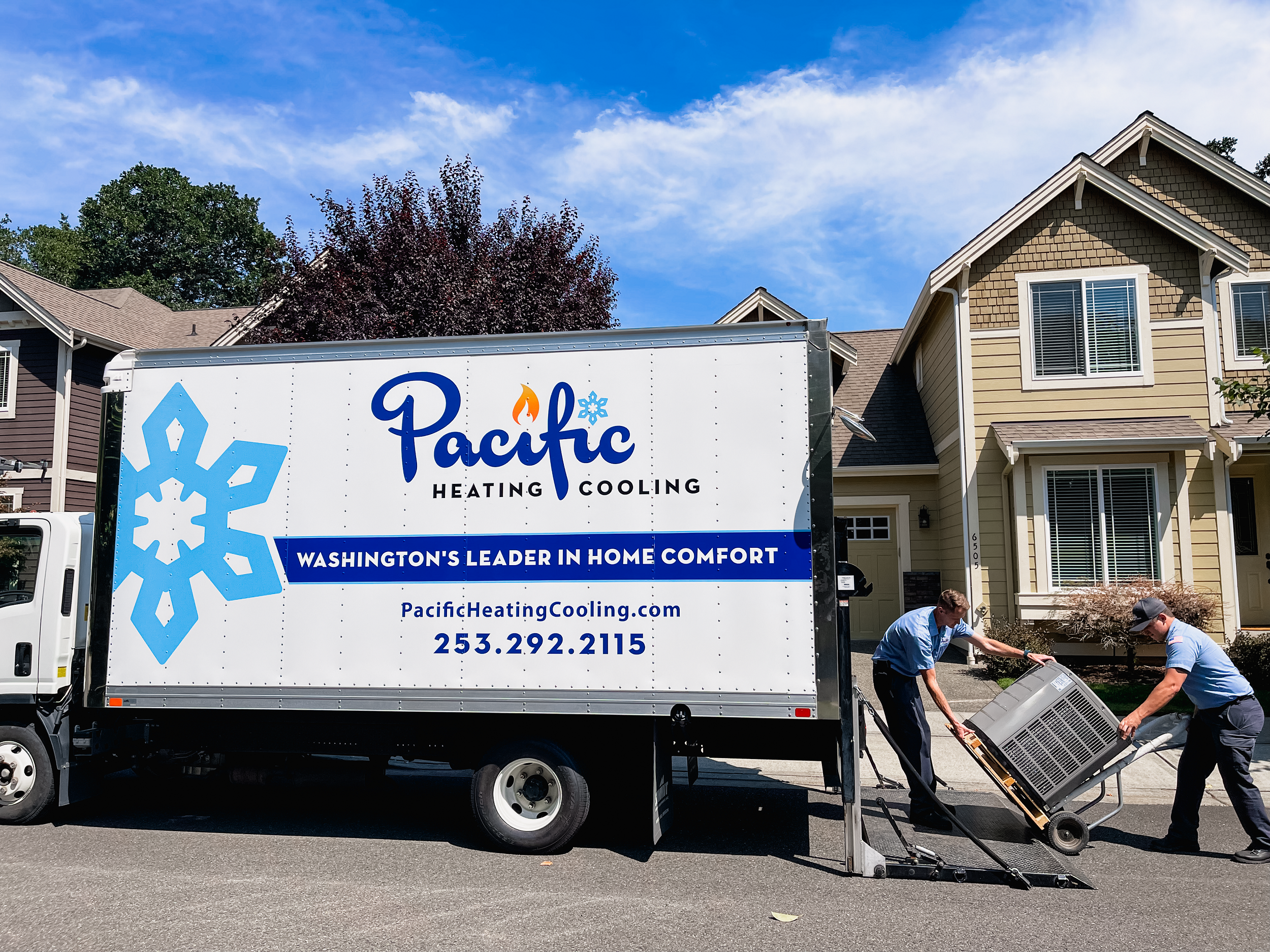 Unloading HVAC equipment. Heat Pump Installation. Cooling Upgrade. Air Conditioning Add-On, Upgraded Heat and Cool System