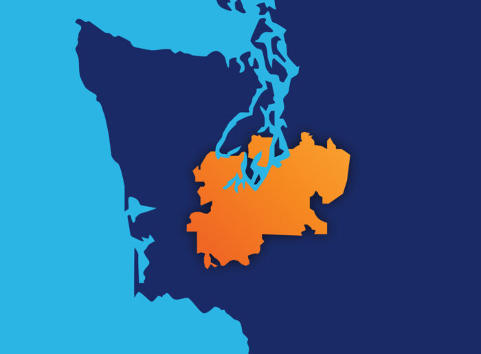 A graphic image of western Washington, outlining the areas where Pacific Heating & Cooling offers service
