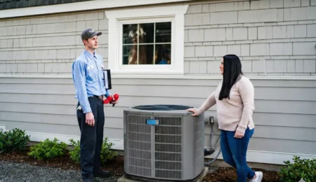 HVAC technician discussing a heat pump installation with a Tacoma homeowner outside their home.