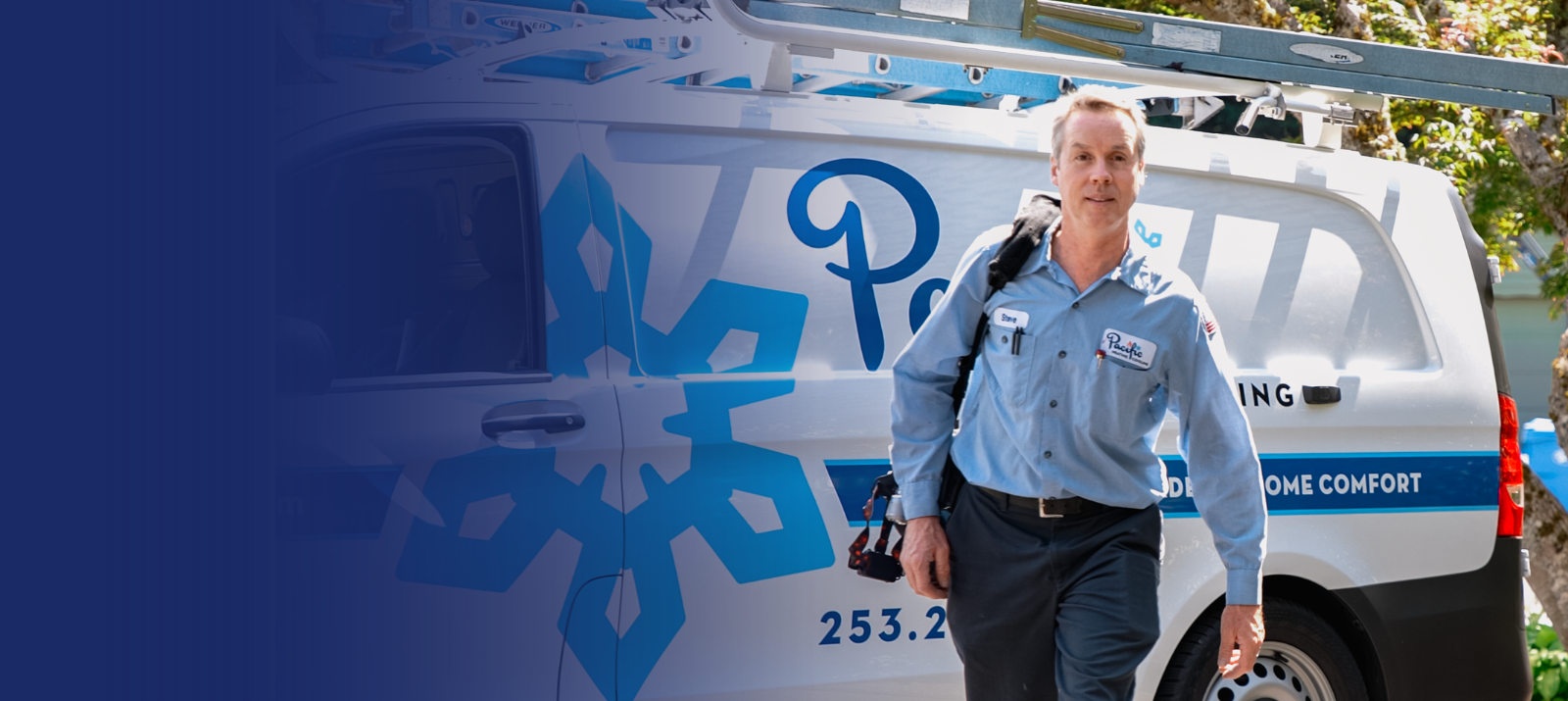 HVAC service technician walking beside a Pacific Heating & Cooling branded service van in a tacoma neighborhood