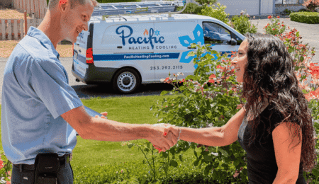 Happy homeowner joining Peace of Mind Club HVAC maintenance membership in Tacoma, WA