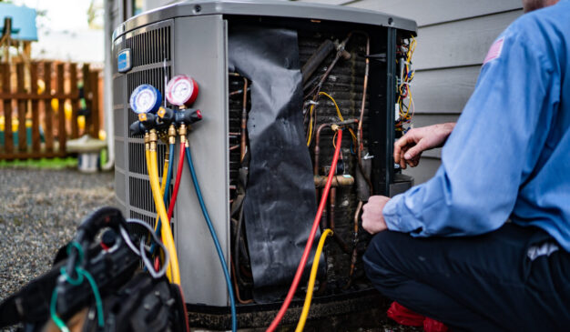 HVAC technician testing a heat pump outdoor unit during a service visit