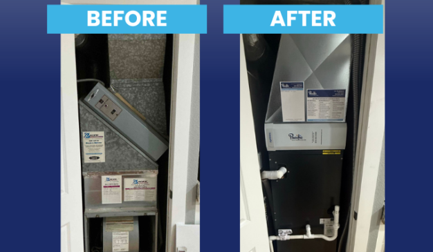 Before and after inverter heat pump installation in closet in Tacoma WA 98443