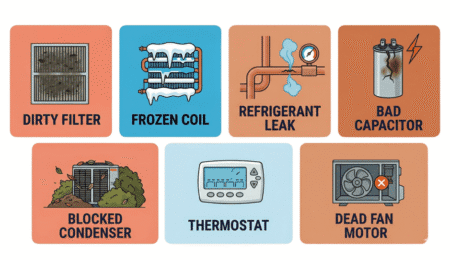 Illustrated infographic showing 7 reasons an AC stops cooling: dirty filter, frozen coil, refrigerant leak, bad capacitor, blocked condenser, thermostat issue, and dead fan motor
