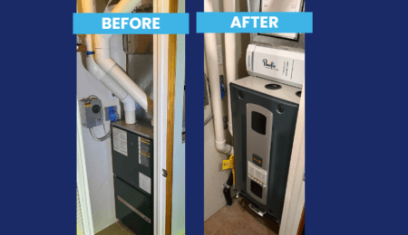 Before and after furnace installation in Federal Way WA showing older closet furnace replaced with a new high-efficiency Trane system