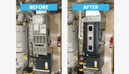 Before and after furnace replacement in Yelm WA — old 80% unit replaced with Trane S9X2 96% AFUE