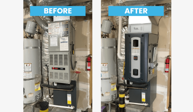 Before and after furnace replacement in Yelm WA — old 80% unit replaced with Trane S9X2 96% AFUE