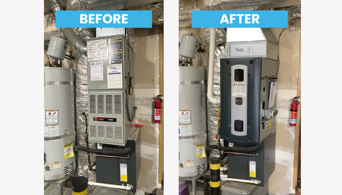 Before and after furnace replacement in Yelm WA — old 80% unit replaced with Trane S9X2 96% AFUE