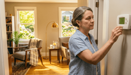 Homeowner adjusting a wall thermostat in a sunlit living room while troubleshooting an AC that isn't cooling