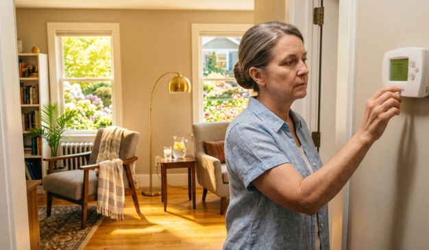 Homeowner adjusting a wall thermostat in a sunlit living room while troubleshooting an AC that isn't cooling