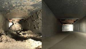 Before and after duct cleaning results in Tacoma home showing debris removed from air duct