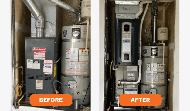 Before and after of a Kent home garage HVAC installation, showing the aging Goodman 80% gas furnace on the left and the new Trane S Series 97% furnace with Trane XV18 variable-speed air conditioner on the right