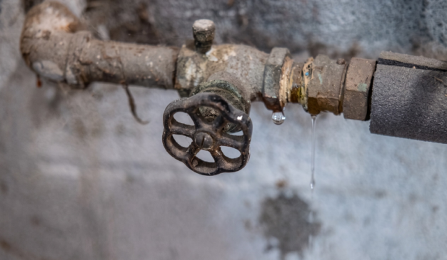 Leaking pipe joint with corrosion and dripping water in a Tacoma home