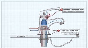 Cutaway diagram of a dripping faucet showing a worn O-ring and corroded valve seat