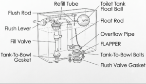 Labeled toilet tank diagram showing the flapper, fill valve, float, and overflow pipe