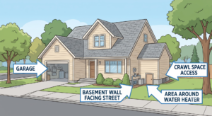 Illustration showing common water shut-off valve locations in a home: garage, basement wall, crawl space, water heater
