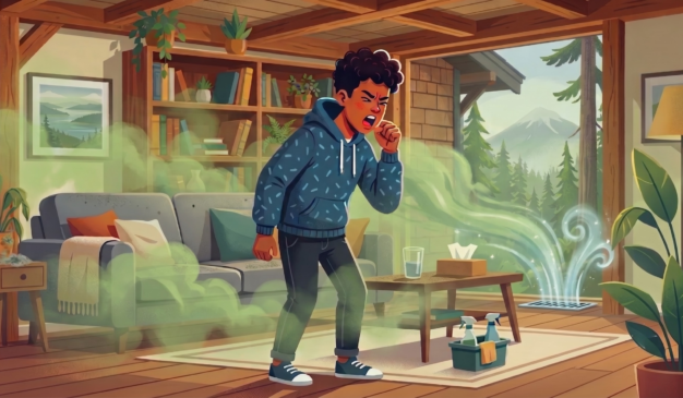 Person coughing in a hazy living room, showing common signs of poor indoor air quality