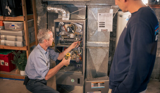 Pacific technician explaining HVAC maintenance findings to a Tacoma homeowner File name: hvac-maintenance-tacoma-technician-homeowner.jpg