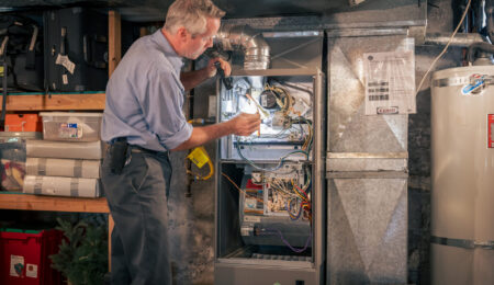 Technician diagnosing a furnace to find the cause of a musty smell from vents Caption: Our technicians check the furnace from top to bottom, not just the part that is easiest to reach.