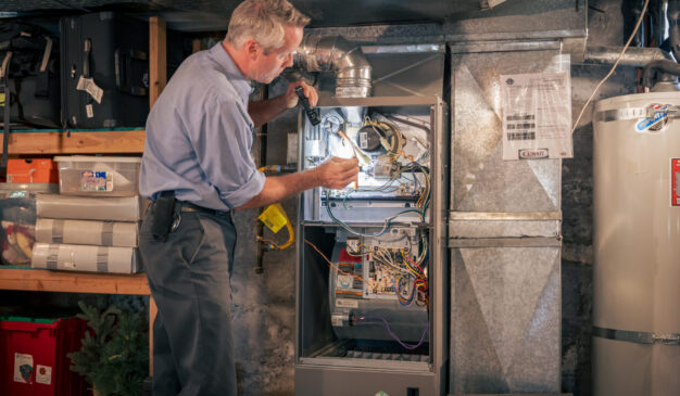 Technician diagnosing a furnace to find the cause of a musty smell from vents Caption: Our technicians check the furnace from top to bottom, not just the part that is easiest to reach.