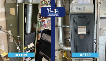 Before and after Covington heat pump installation: old Rheem furnace replaced with a new Trane furnace and air cleaner