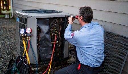 Pacific technician performing heat pump maintenance with gauges connected to an outdoor unit