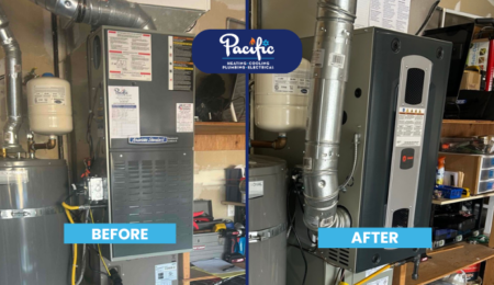 Puyallup hybrid heat pump installation before and after, old furnace replaced with a new Trane gas furnace in the garage