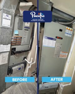 Before and after Tacoma heat pump installation, old American Standard air handler replaced with a new Trane unit